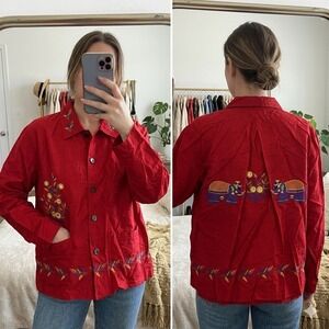Chico's Womens XL 3 Design Red Silk Long Sleeve Button Front Embroidered Vintage